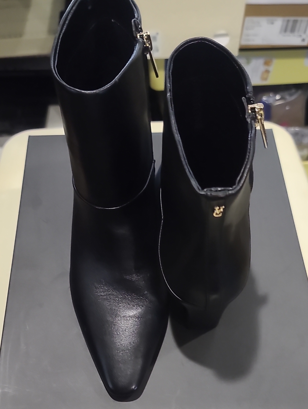 Vince Camuto Black Pointed Toe Ankle Booties with Gold Zipper
